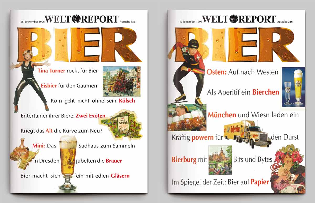 Titel-Layout der WELT-Beilage »Bier-Report« (Artwork: ©1996 hasche.mediendesign, Layout: Lutz Kober/Axel Springer AG)