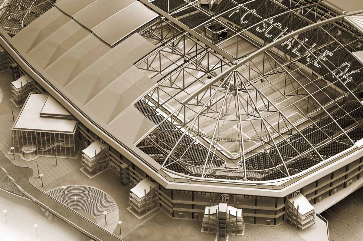 Illustration Veltins-Arena »Auf Schalke« (©2001 hasche.mediendesign)