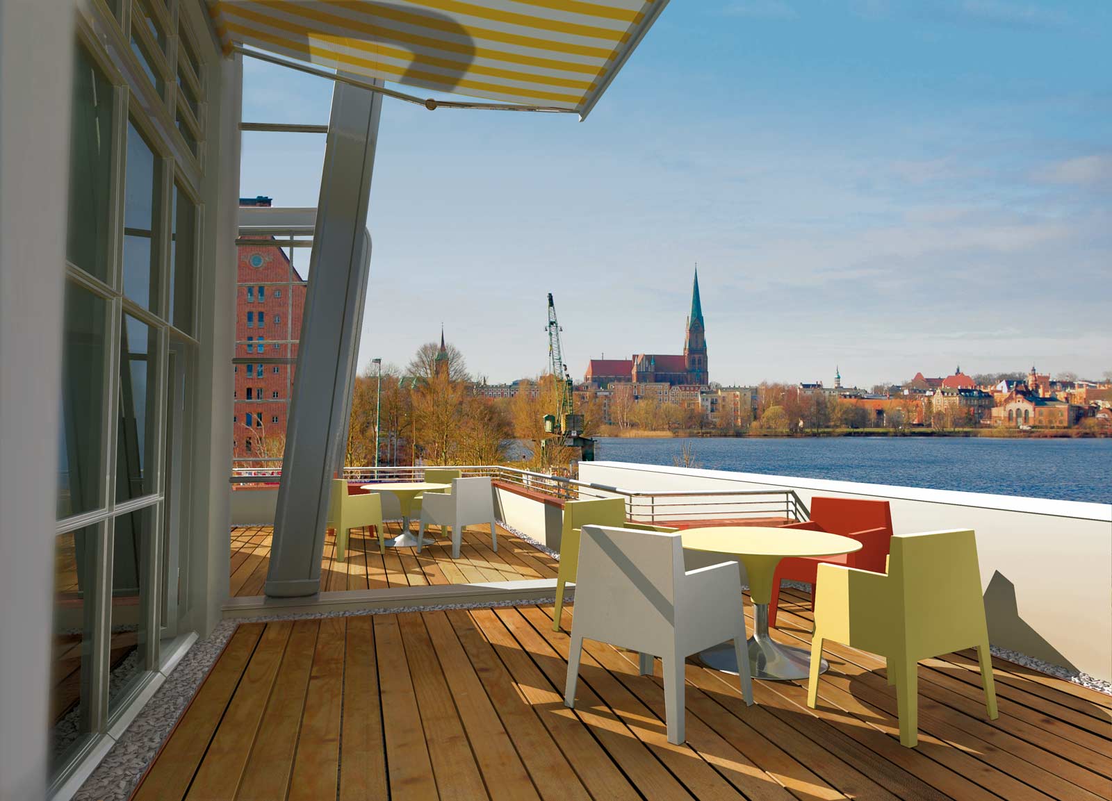 3D-Visualisierung Ausblick Penthouse-Terrasse Stadtvilla HQ5 über den Schweriner Ziegelinnensee (3D-Artwork©2010 hasche.mediendesign | studio fuer digitale illustration)