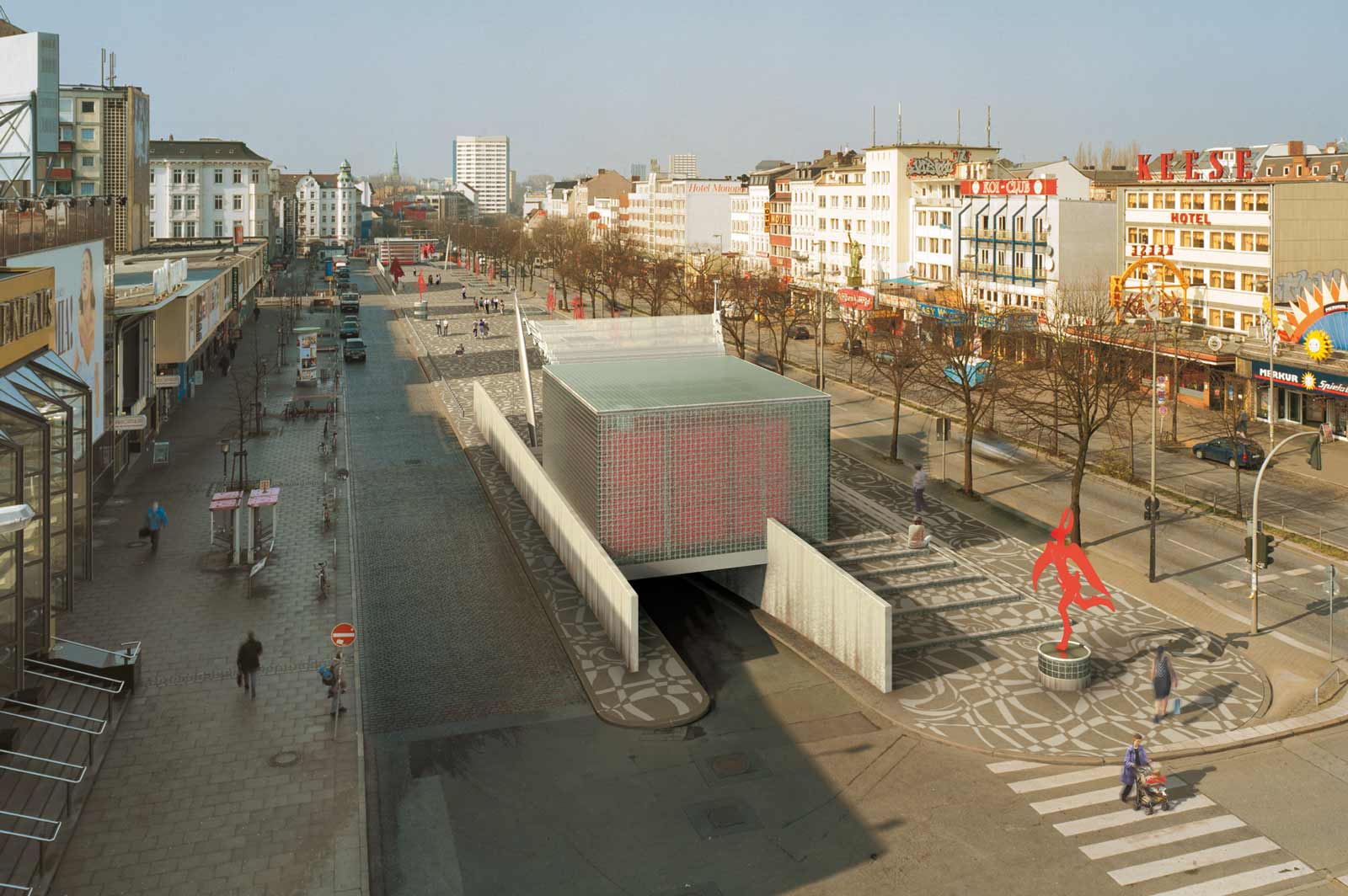 Illustration/Architekturvisualisierung des Wettbewerbsbeitrags der Architekten Klinkhammer/Schlüter und der Künstlerin Cornelia Dusör für den Hamburger Spielbudenplatz (3d-Artwork ©2010 hasche.mediendesign | studio fuer digitale illustration, Hintergrundfoto: Stadt Hamburg)